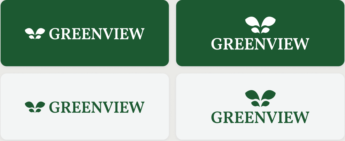 Four Greenview logo lockups on rounded cards: a horizontal and a stacked arrangement in white on dark green, and the same two in dark green on light grey.
