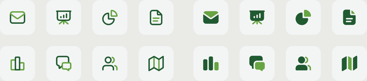 Sixteen icons on light tiles in two treatments, outline on the left and filled on the right: mail, presentation, pie chart, document, bar chart, chat, people, and map.